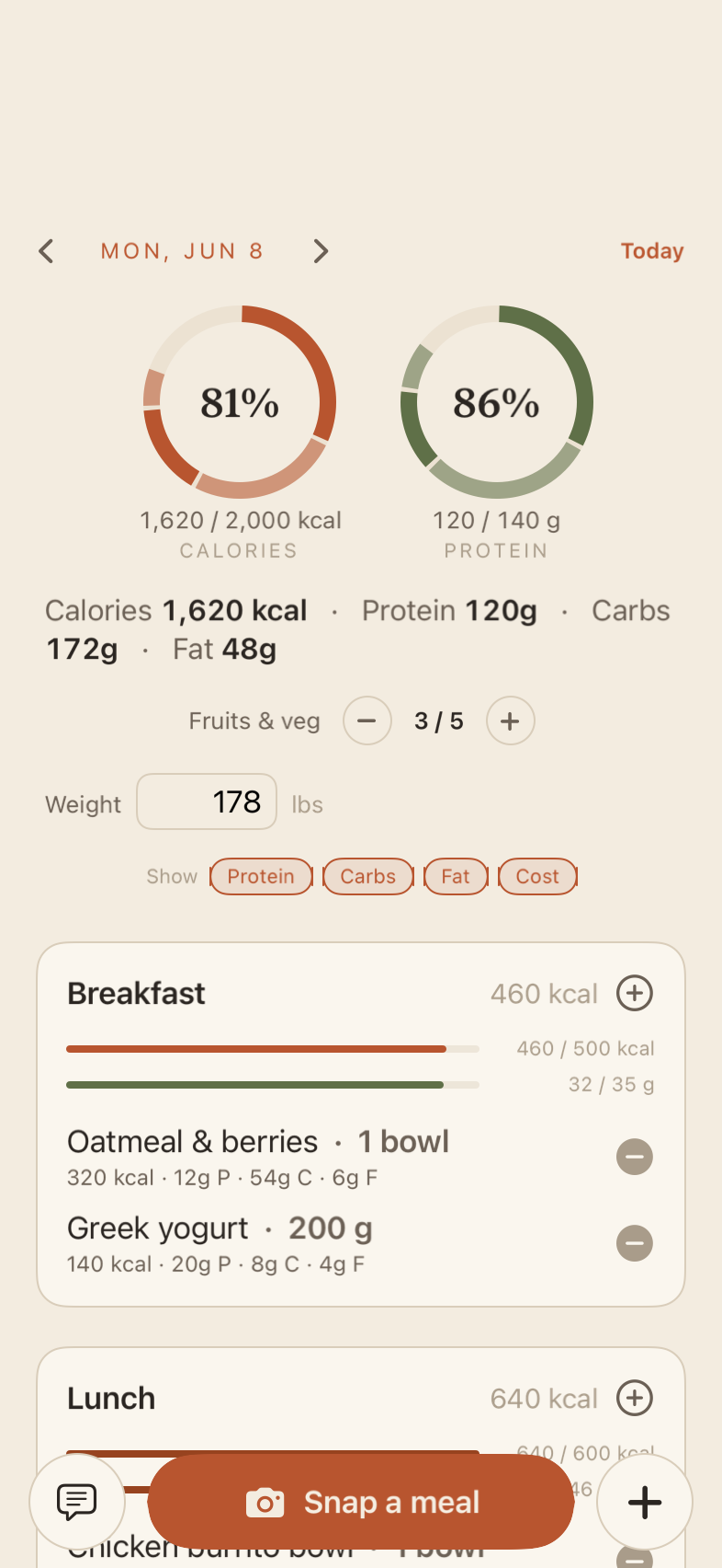 Food today screen — calorie and protein rings