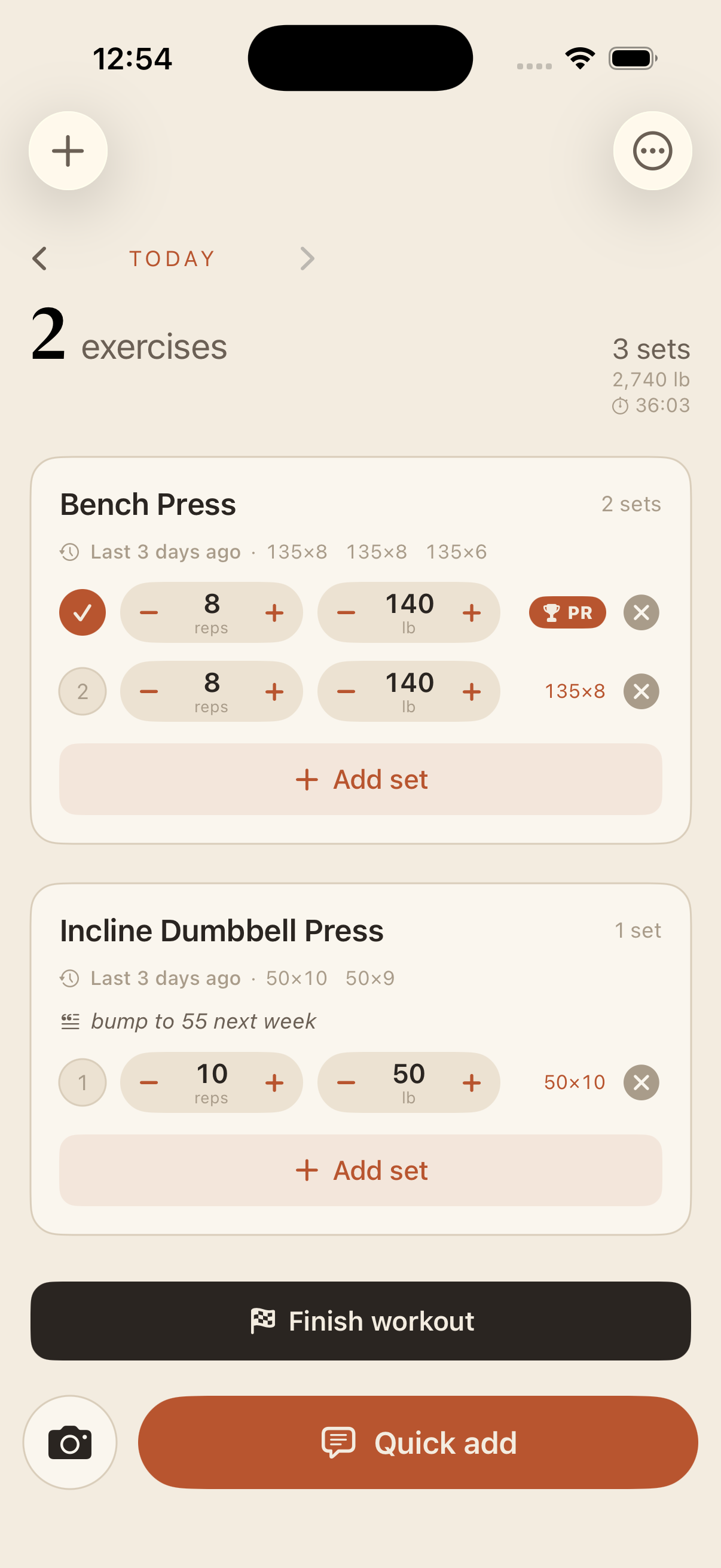 Gym workout screen